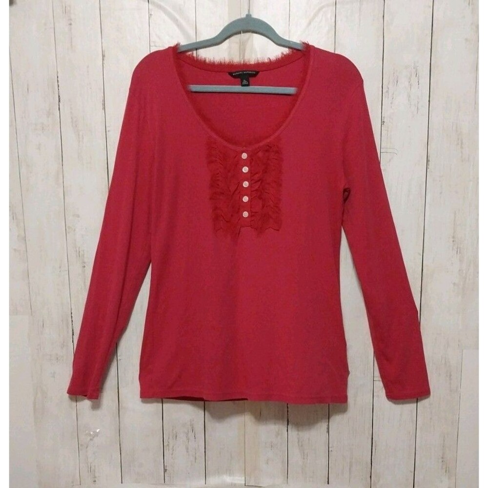 Banana Republic Women's Long Sleeve Hot Pink Top Buttons Fringe Scoop Neck Sz XL